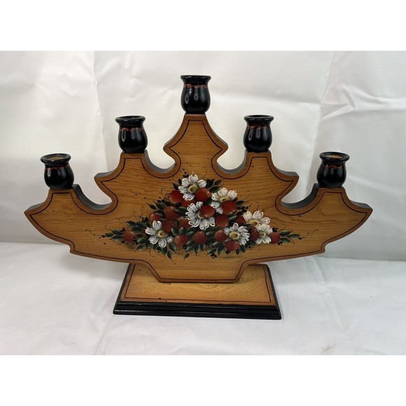 Vtg 1984 Hand Painted Country Scent Floral 5 Arm Wood Candle Holder Signed 18” - Picture 5 of 10